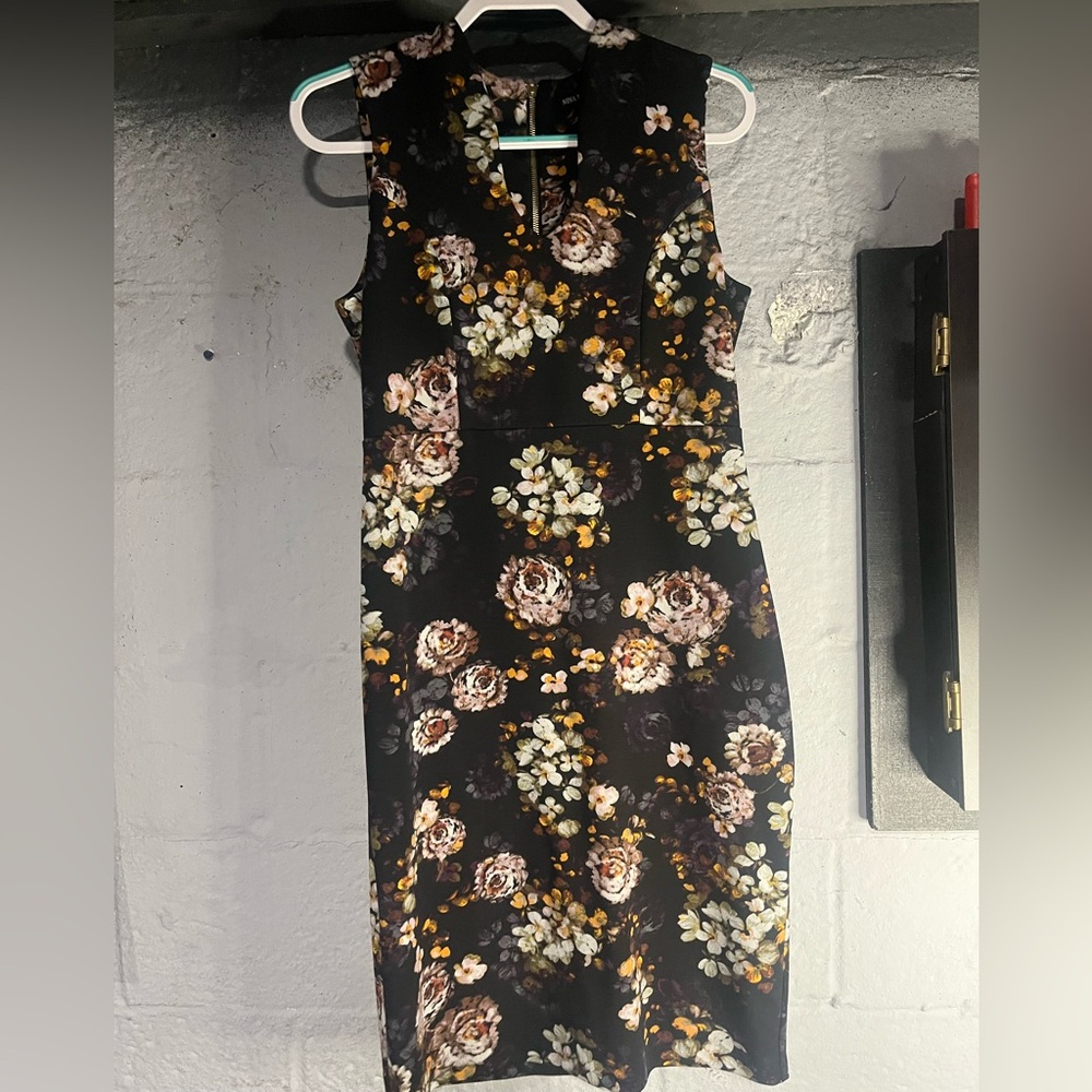 Nina Leonard black floral Sheath Midi Dress V-Neck Sleeveless